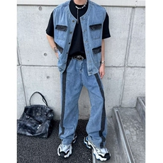 炸街潮牌两件套痞帅春夏牛仔马甲套装2025新款ins牛仔裤W6537-P86，男装牛仔裤，星座412-3
