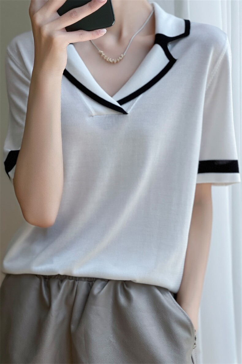 大牌同款~夏新款精纺羊毛翻领撞色针织短袖T恤女薄款气质百搭上衣,针织衫/毛衣,雪真羊绒