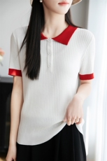 2025夏季新款POLO领拼色冰丝正肩短袖女修身显瘦轻薄百搭T恤上衣，女装T恤，菲奥羊绒