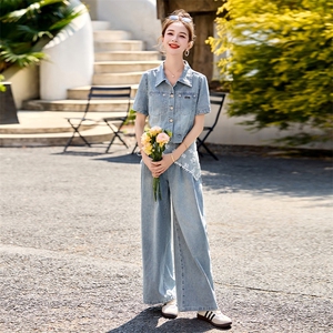 时尚蓝色牛仔套装女2025夏新款翻领短袖外套显瘦垂感阔腿裤两件套图片
