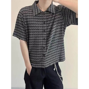 原版面料 档口现货~夏季条纹针织宽松肌理感短袖衬衫CT25117批48图片