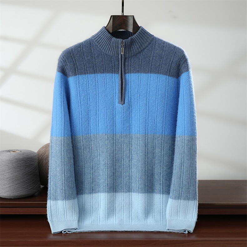 秋冬新款半拉链针织套头上衣时尚百搭，男装针织衫/毛衣，隆格羊绒