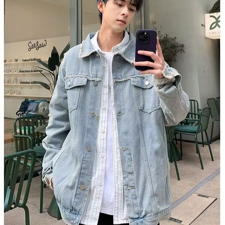 复古毛边做旧牛仔外套男女春秋宽松休闲百搭工装夹克上衣680/P55图片