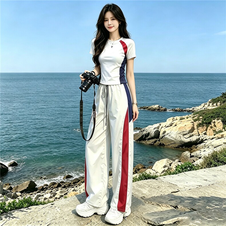 潮流时尚休闲运动套装女夏季新款显瘦竖纹圆领短袖上衣长裤两件套,女装套装/套裙,江南