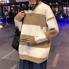 M3126-P80冬装新款潮流条纹百搭毛衣男女情侣宽松针织衫上衣外套，男装针织衫/毛衣，电商A009A（原A058A）