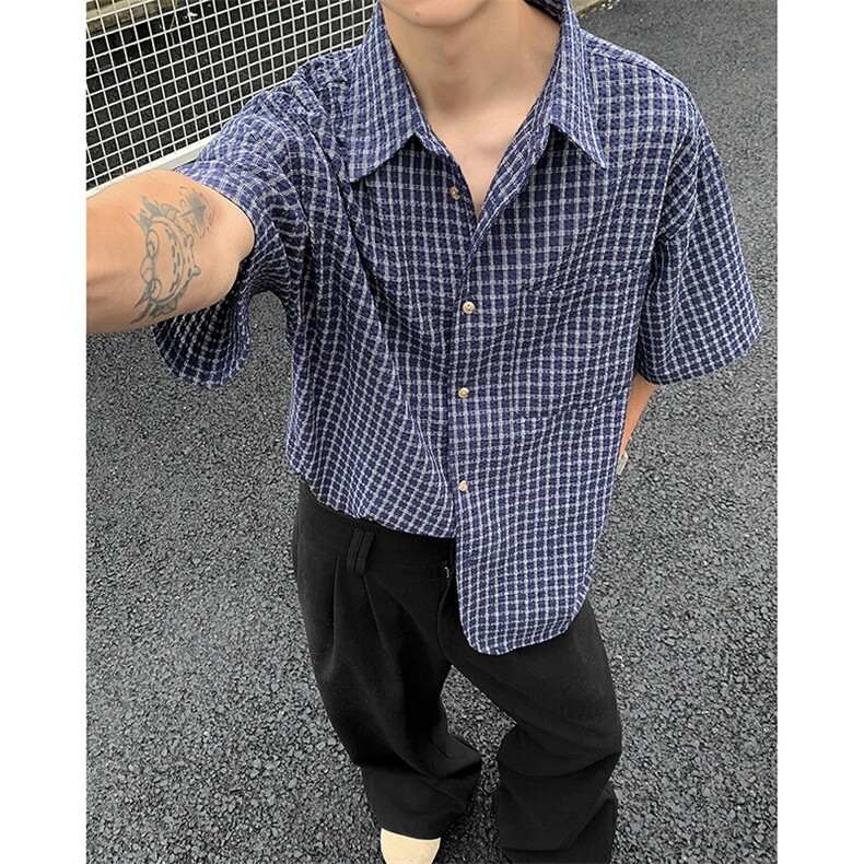 短袖男夏季薄款格子衬衫潮牌港风翻领休闲宽松上衣CS41-P40，男装T恤，星座308B-1