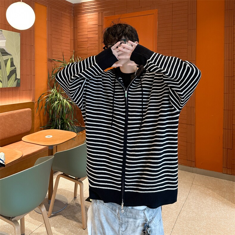 美式条纹连帽开衫针织衫秋冬季潮流宽松休闲百搭毛衣,男装针织衫/毛衣,星座410-7