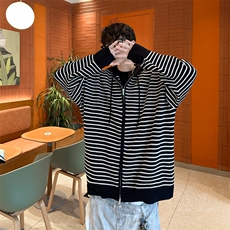 美式条纹连帽开衫针织衫秋冬季潮流宽松休闲百搭毛衣，男装针织衫/毛衣，星座410-7
