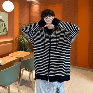 美式条纹连帽开衫针织衫秋冬季潮流宽松休闲百搭毛衣图片