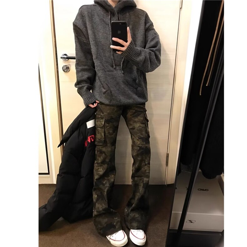 黑色大口袋工装长裤男女同款cleanfit潮流百搭直筒修身微喇休闲裤图片