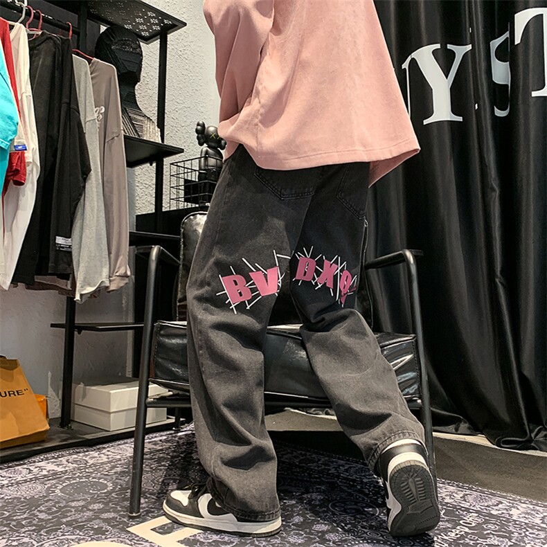 港风 美潮做旧牛仔裤长裤直筒裤A014-K8167-P50控68图片