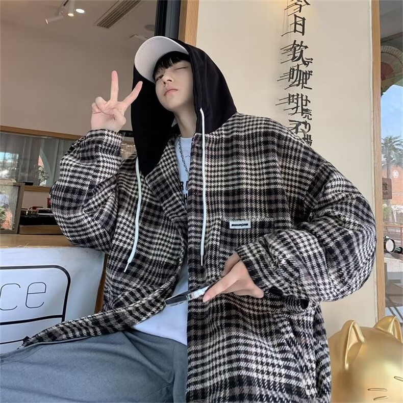 格子毛呢外套男士春秋大码男生夹克港风ins潮牌上衣服JK222P60,男装夹克,星座410-2