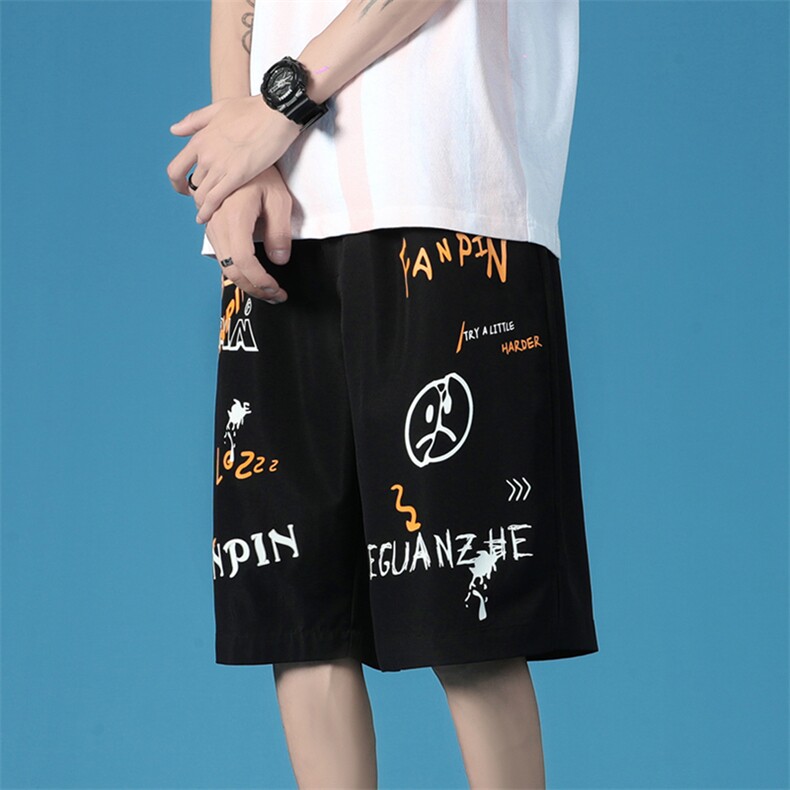 2023夏季新款日系蓝底笑脸涂鸦短裤M-5XHK21273-P25,男装休闲裤,电商A022