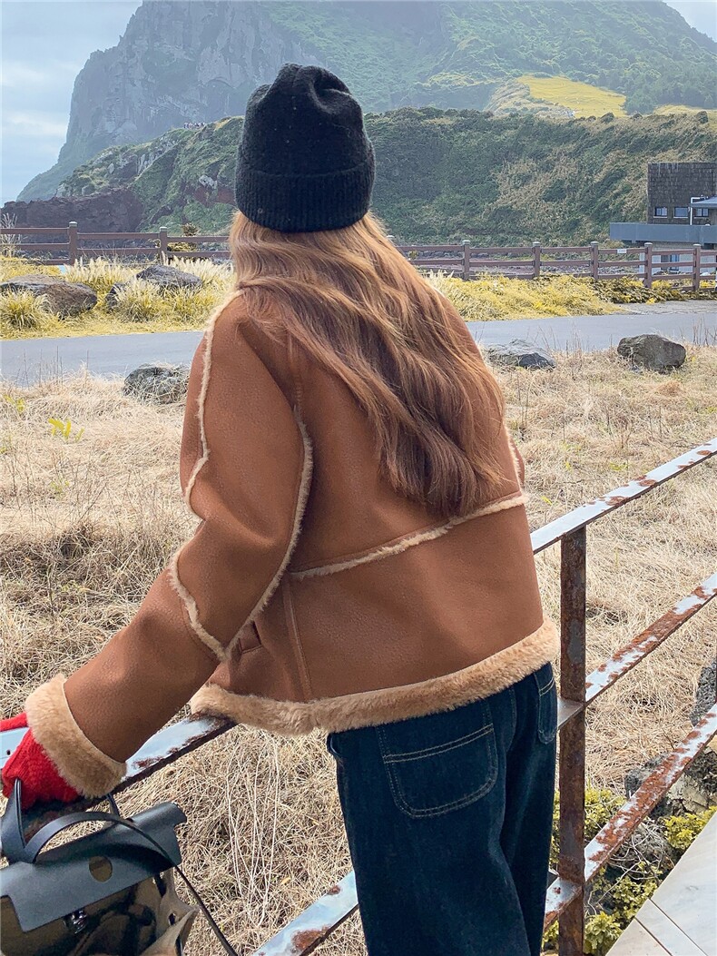 美拉德咖色羊羔毛外套女冬季2025新款时尚皮毛一体麂皮绒加厚棉服,女装羊羔毛/颗粒绒,诺蝶