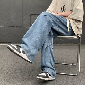 复古水洗做旧宽松直筒裤港风ins拖地阔腿牛仔裤子N7789,男士立领牛仔衬衣搭配图片