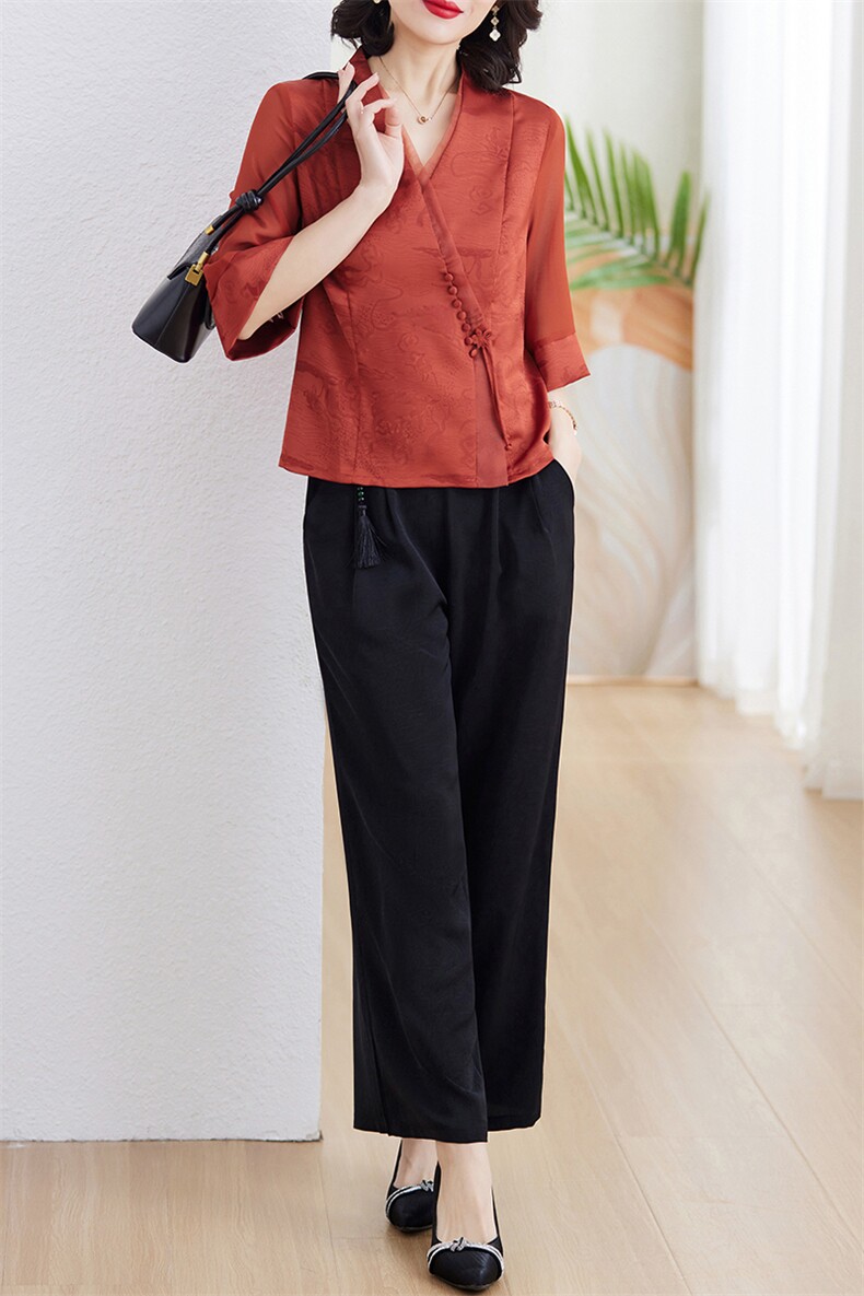 贵夫人妈妈成套搭配套装女2024新款夏高端香云纱阔腿裤两件套减龄,女装套装/套裙,江南女神