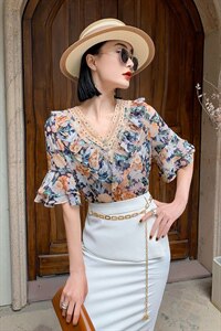 2022夏季新款优雅气质V领印花小衫+修身半身裙两件套，女装套装/套裙，卡杰菲