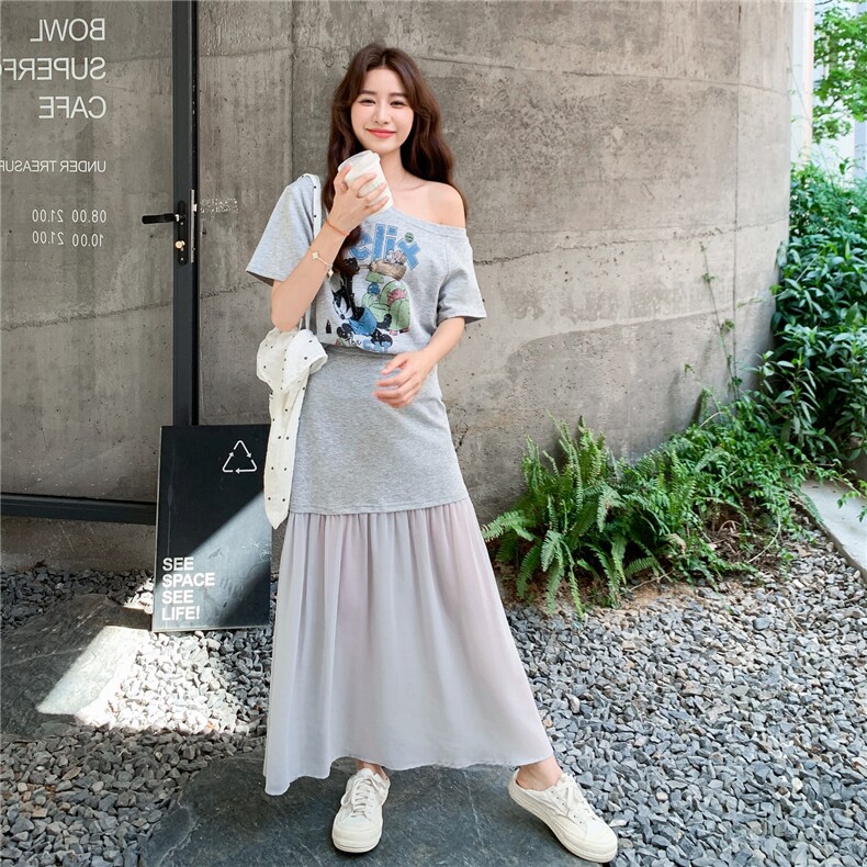 韩系2025夏季新款女时尚洋气圆领收腰显瘦上衣+松紧腰半身裙套装,女装连衣裙,2C323