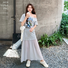 韩系2025夏季新款女时尚洋气圆领收腰显瘦上衣+松紧腰半身裙套装，女装连衣裙，2C323