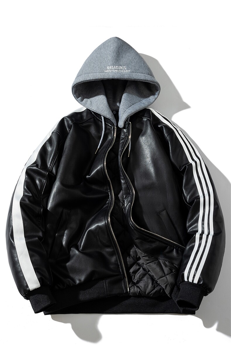 现货三条杠袖子PU皮棒球服外套秋冬棉服带帽可拆卸,男装棉衣,电商A105
