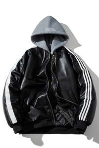 现货 三条杠袖子PU皮棒球服外套秋冬棉服带帽可拆卸图片