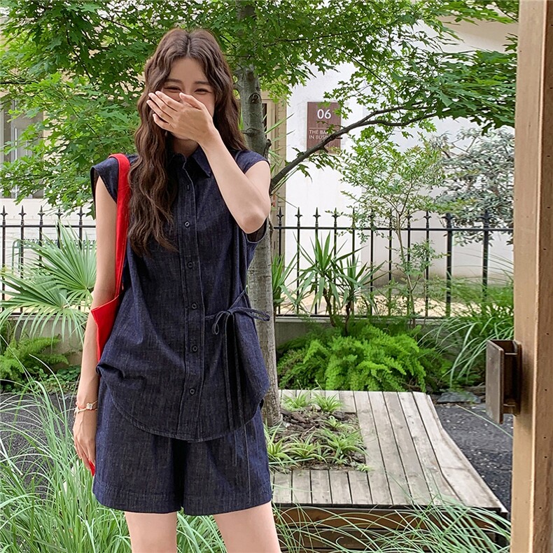 小个子穿搭薄款牛仔衬衫套装女夏季新款设计感休闲显瘦短裤两件套图片
