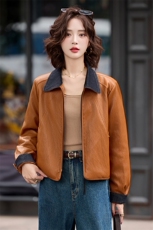 2025秋冬季女装新款大量现货拼色翻领袖口翻边撞色短款皮衣外，女装皮衣，衣之秀