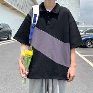 C520P31 日系复古潮牌拼接POLO衫男短袖夏季新款宽松青少年上衣潮图片