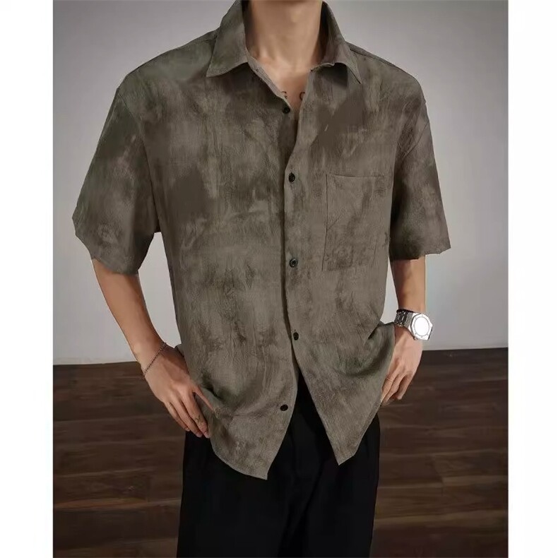 水洗扎染花衬衫男短袖高级感英伦风痞帅上衣夏季薄款宽松沙滩衬衣，男装衬衫，星座516A