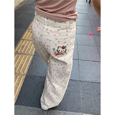小个子白色碎花牛仔裤女夏季新款高腰宽松显瘦Kitty刺绣阔腿裤子，男装牛仔裤，星座1210-1
