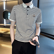 轻奢条纹翻领高档Polo衫大码弹力时尚高级感半袖t恤T08-P48，男装T恤，电商D342