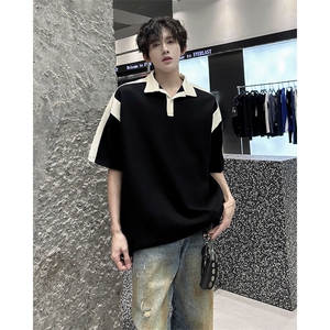 得物抖音高品二开240克纯棉美式高街痞帅翻领POLO潮牌短袖T恤图片
