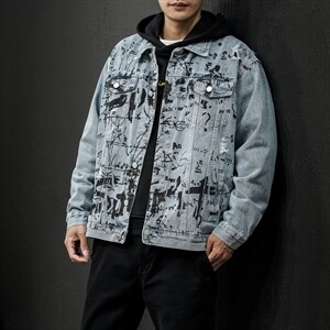 jk823-p90-限价128黑墙牛仔夹克肥仔秋款量足印花大码图片