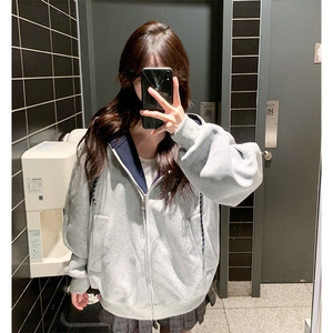 抖音得物二开美式高街重磅结构双层撞色连帽卫衣开衫外套W116图片