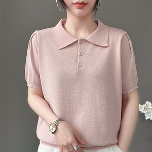 肌理感弹力白搭显瘦POLO领鎏金纱天丝针织短袖女气质纯色翻领上衣图片