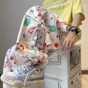 美式炸街涂鸦彩色卡通印花工装裤子女夏季2024新款宽松阔腿休闲图片