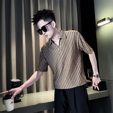 polo衫男士短袖条纹超火潮牌t恤2025新款高级感潮牌痞帅V领上衣服，男装Polo衫，星座506A