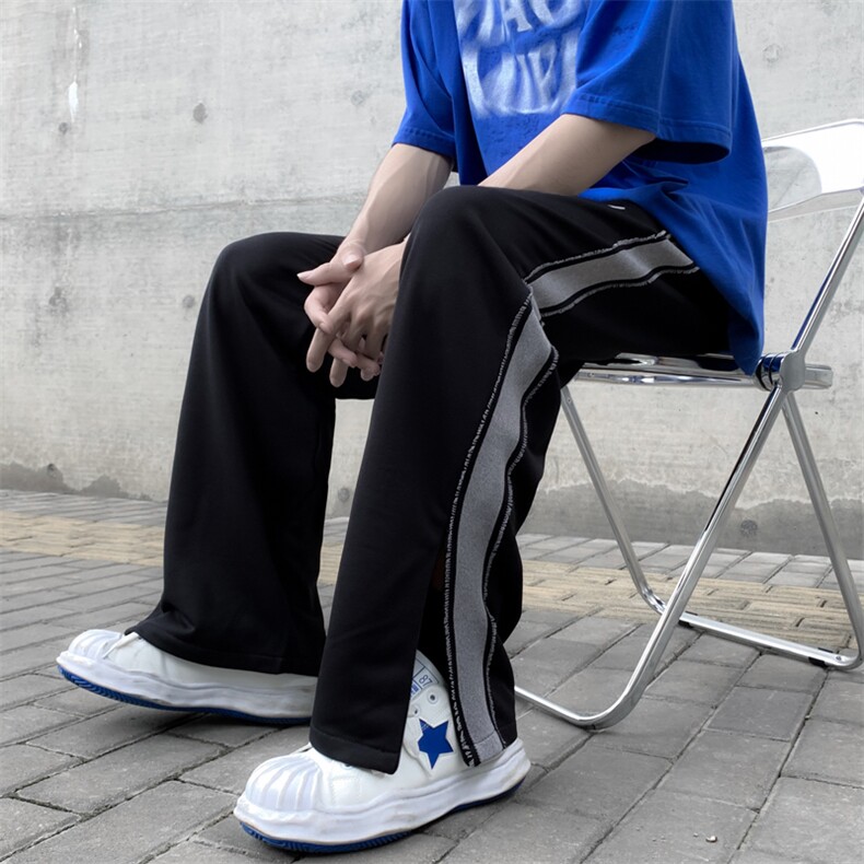 休闲裤男韩版潮拼色条纹开衩2023秋冬新款ins宽松长裤K2408-P35,男装休闲裤,星座412-3