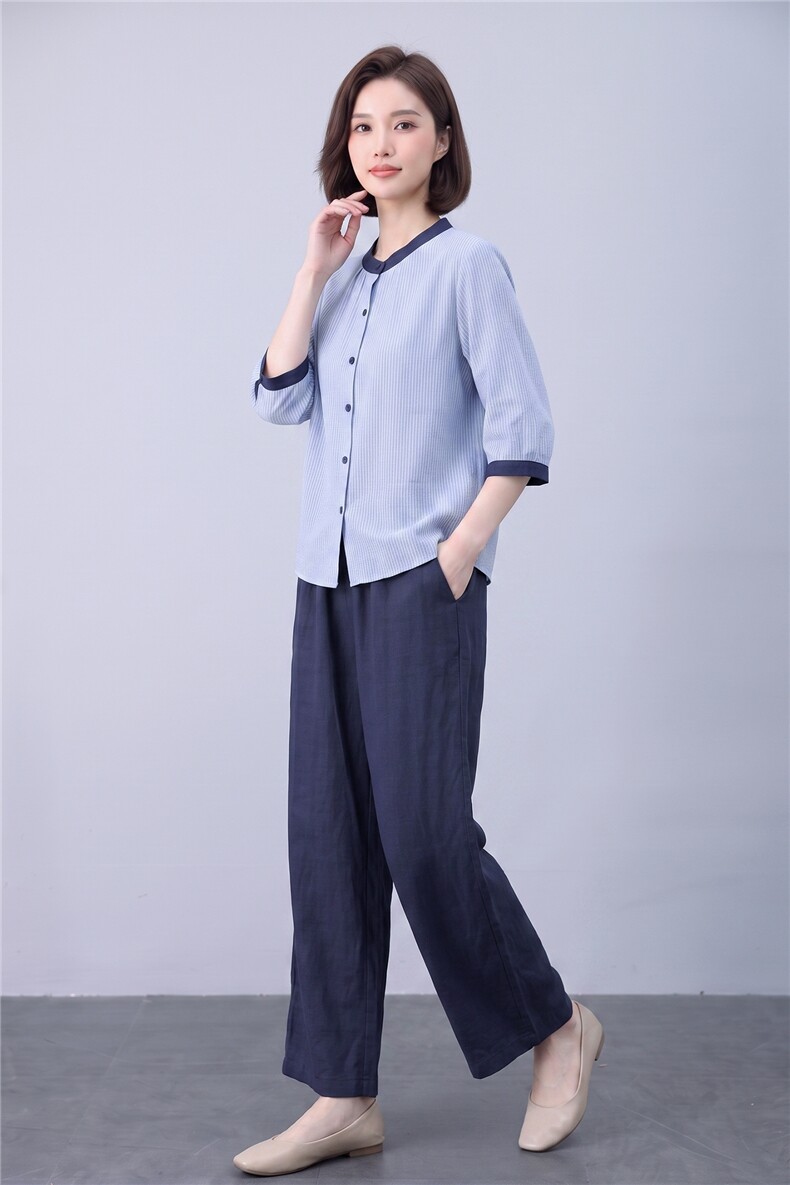 衬衫女撞色条纹宽松透气上衣,女装衬衫,曼沙奕珂