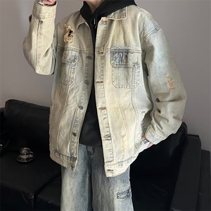 美式复古情侣牛仔外套春秋季新款潮牌宽松痞帅破洞夹克男WD10-P59图片