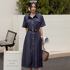 BAO款主推商场同款2025夏季新蓝色宽松显瘦牛仔衬衫显高连衣裙女，女装连衣裙，江南女神
