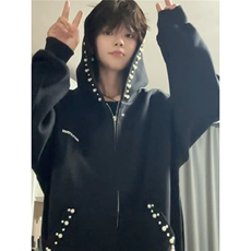 潮牌珍珠连帽开衫卫衣男春秋慵懒风美式高街青少年外套，女装短外套，星座1210-1