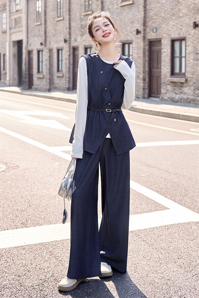 老钱风气质时髦马甲套装女2025秋季新款休闲长袖t恤阔腿裤三件套,女装套装/套裙,天丽