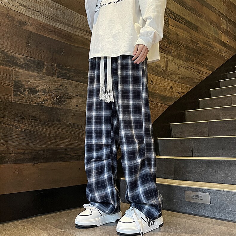 格子裤男女同款复古慵懒阔腿直筒休闲宽松情侣裤子HK52116P40，男装休闲裤，电商基地A086