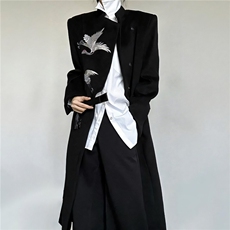 男仙鹤刺绣毛呢大衣男秋冬暗扣中长版立领风衣汉服外套DY79P106，男装风衣，星座1013-5