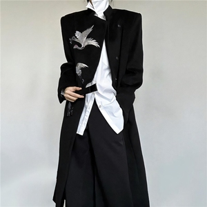 男仙鹤刺绣毛呢大衣男秋冬暗扣中长版立领风衣汉服外套DY79 P106图片