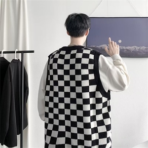 港风秋款男V领背心条纹棋盘格针织衫拼色线衣M537 P33图片