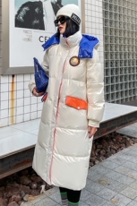 现货2022年冬季新款过膝撞色连帽韩版情侣同款休闲长款白鸭绒，女装羽绒服，火爆靓佳人