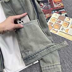 做旧水洗垫肩短款拼接牛仔外套男士复古金属拉链设计夹克A051/P75，男装夹克，星座506B