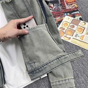 做旧水洗垫肩短款拼接牛仔外套男士复古金属拉链设计夹克A051/P75图片